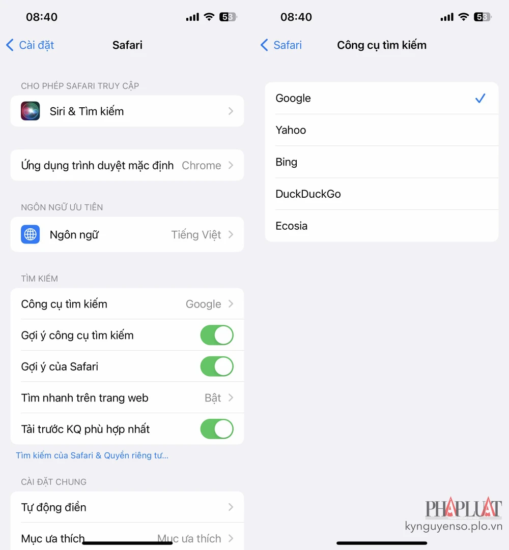 thay-doi-cong-cu-tim-kiem-mac-dinh-tren-safari Thay đổi công cụ tìm kiếm mặc định trên iPhone. Ảnh: TIỂU MINH