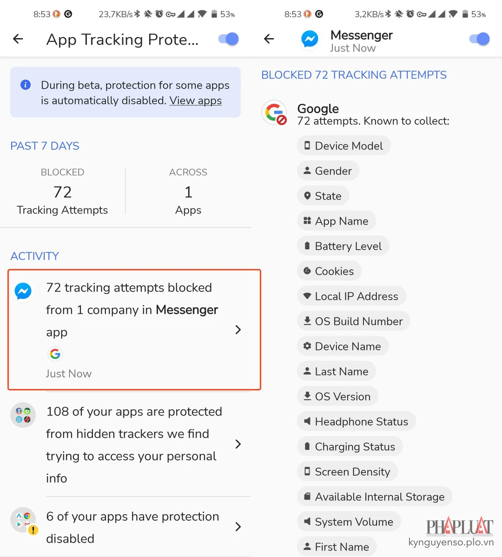 App Tracking Protection ngăn chặn Messenger gửi dữ liệu. Ảnh: MINH HOÀNG