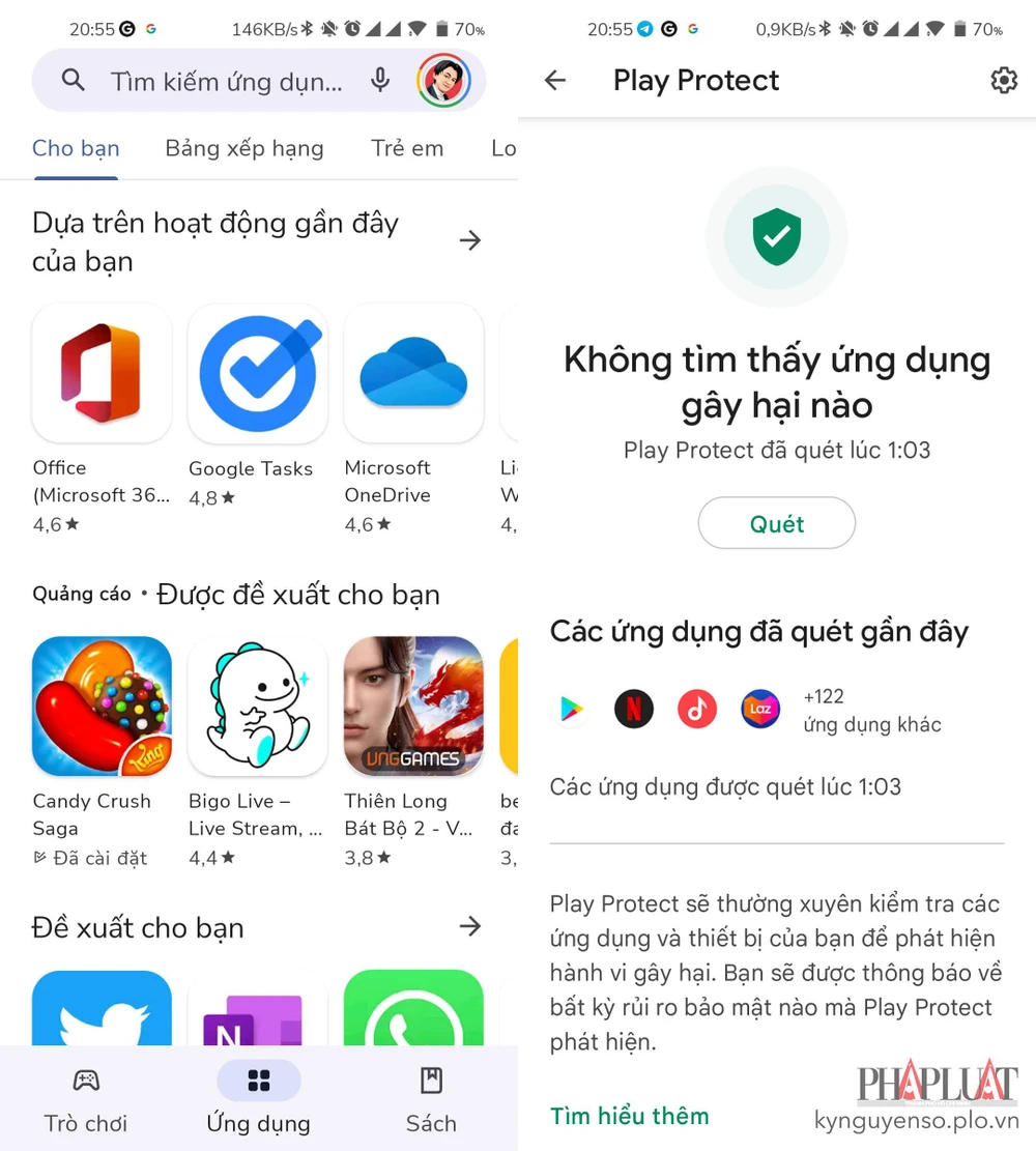 Cách bật tính năng Play Protect trên Android. Ảnh: MINH HOÀNG