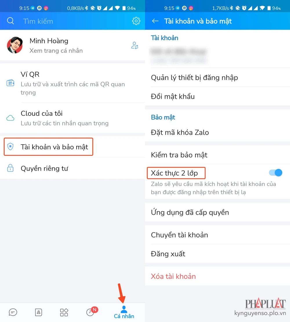 Kích hoạt tính năng xác thực 2 lớp trên Zalo. Ảnh: MINH HOÀNG