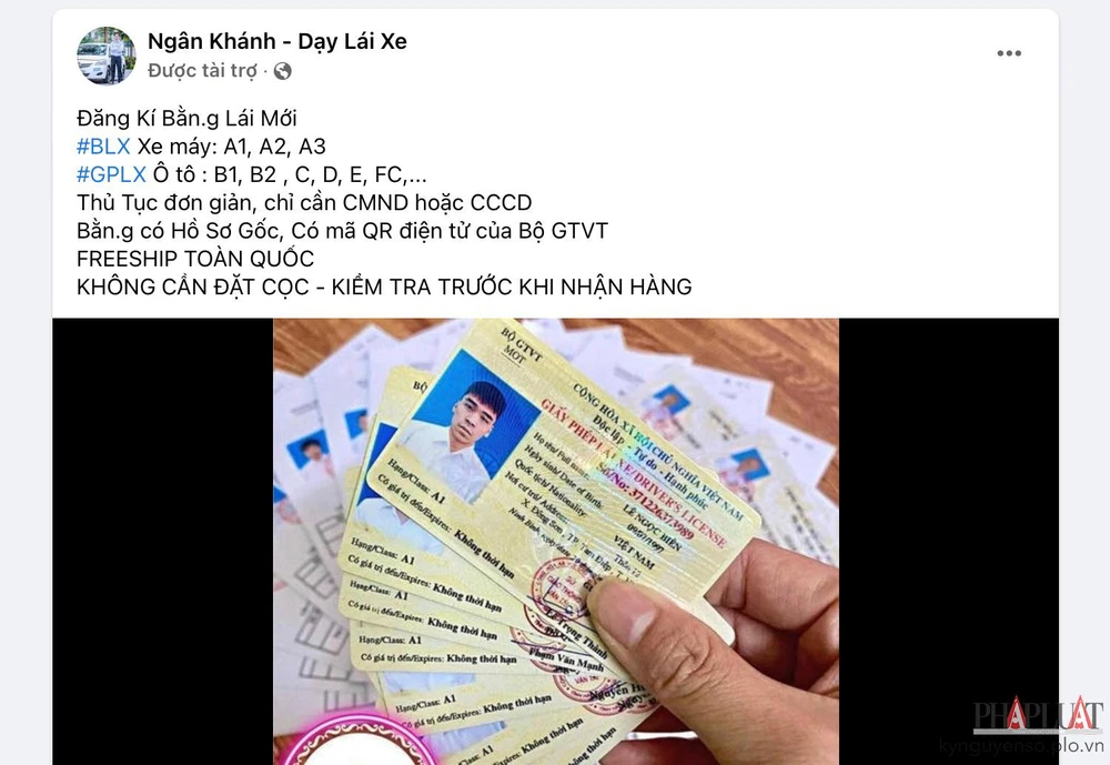 Quảng cáo nhận làm GPLX tràn lan trên Facebook. Ảnh: TIỂU MINH