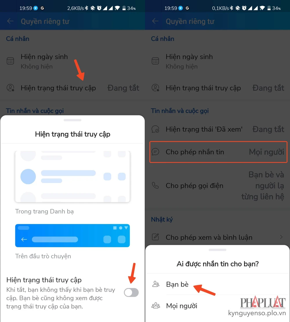 Tắt trạng thái truy cập và giới hạn người có thể nhắn tin cho bạn trên Zalo. Ảnh: MINH HOÀNG