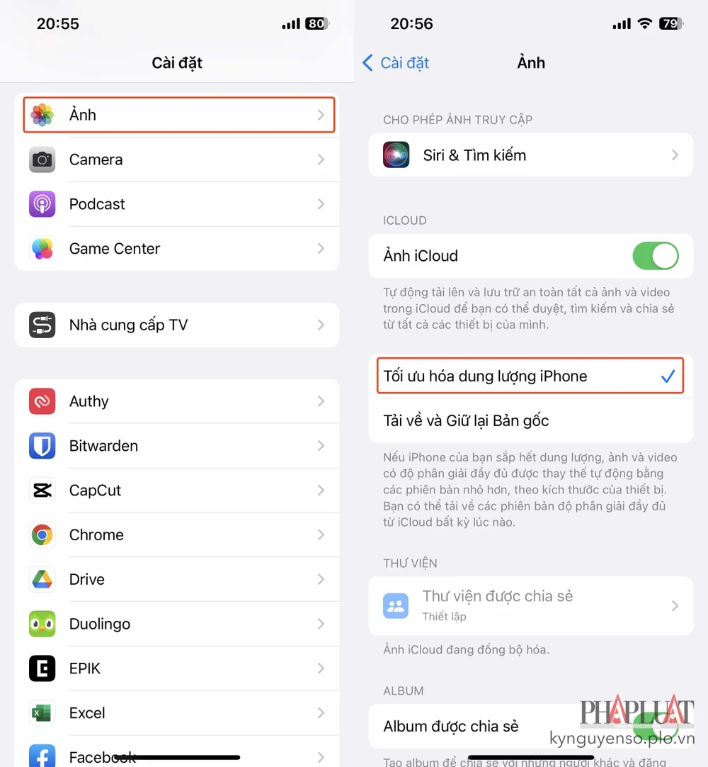 Cách tối ưu hóa dung lượng hình ảnh và video trên iPhone. Ảnh: MINH HOÀNG