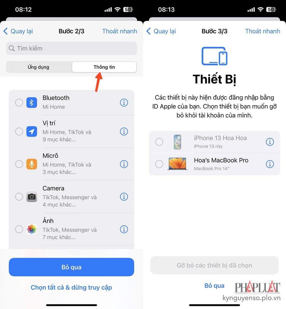 Ngừng chia sẻ thông tin với các ứng dụng, gỡ bỏ các thiết bị lạ. Ảnh: MINH HOÀNG