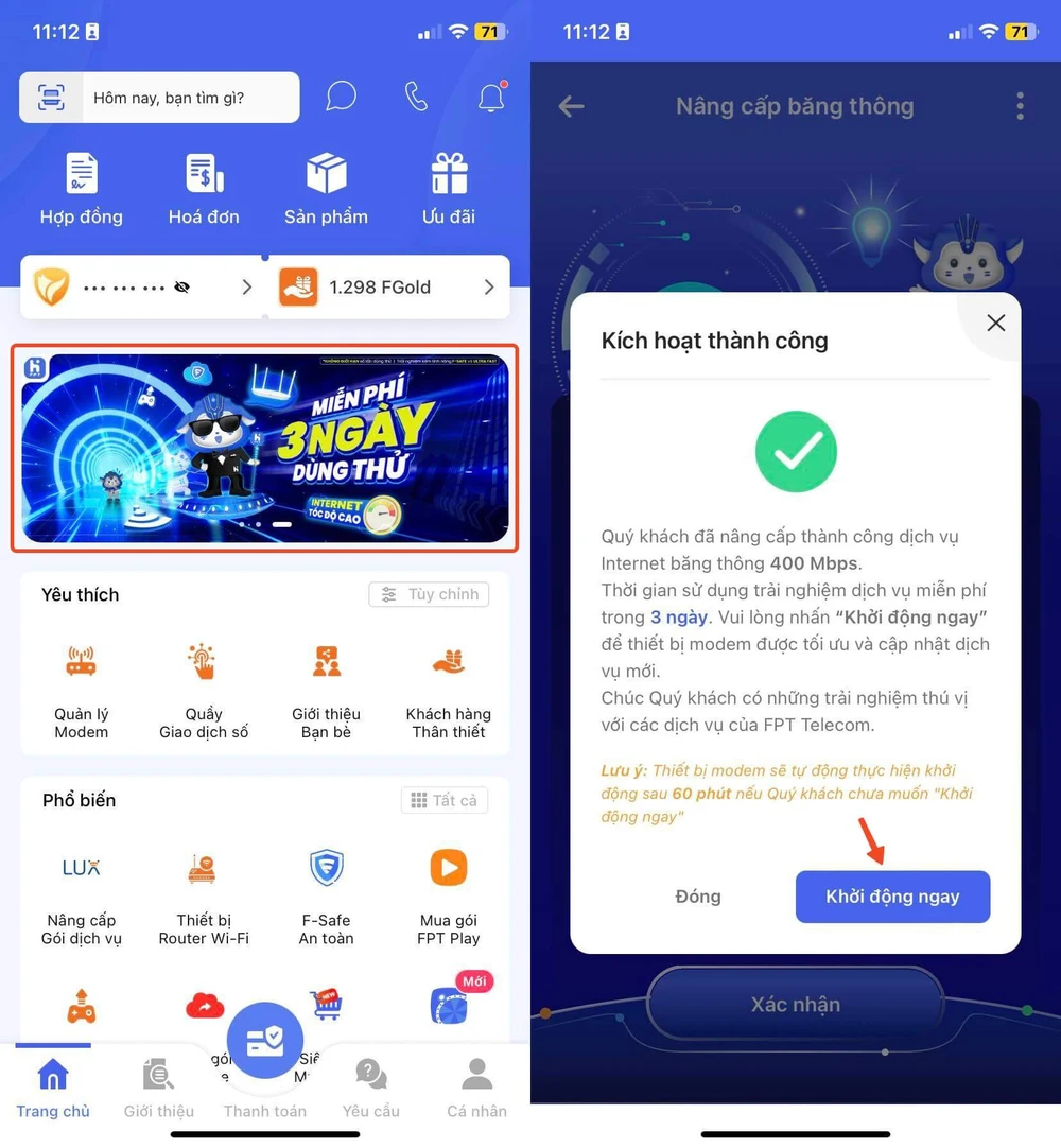 Xài thử gói cước tốc độ 400 Mbps miễn phí trong 3 ngày. Ảnh: MINH HOÀNG