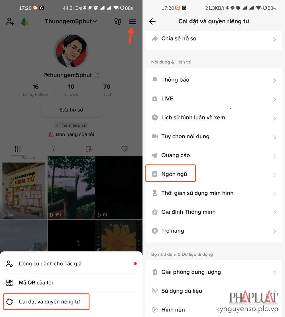 Truy cập vào phần cài đặt và quyền riêng tư trên TikTok. Ảnh: MINH HOÀNG