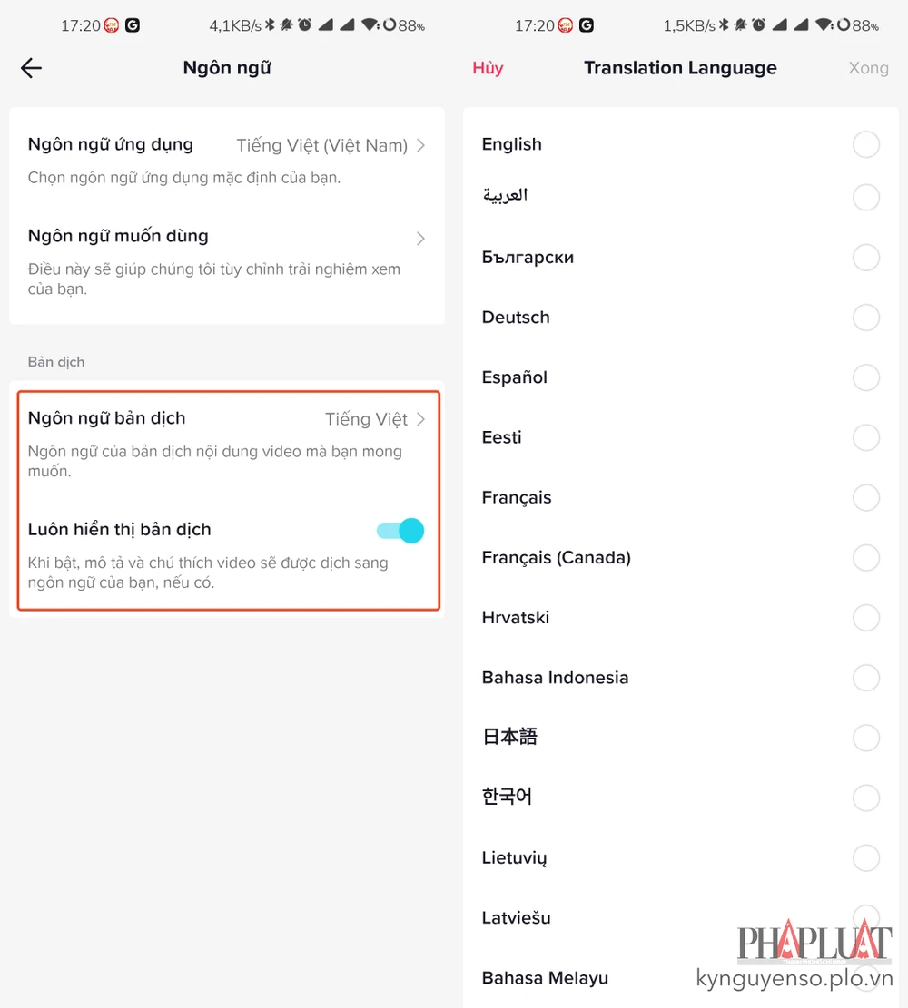 Thiết lập ngôn ngữ của bản dịch nội dung video mà bạn mong muốn. Ảnh: MINH HOÀNG