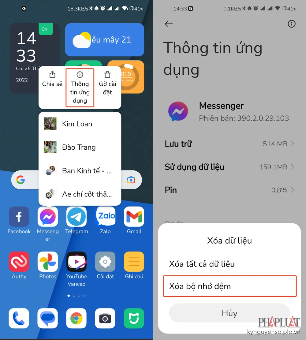 Xóa bộ nhớ cache của ứng dụng Messenger. Ảnh: MINH HOÀNG
