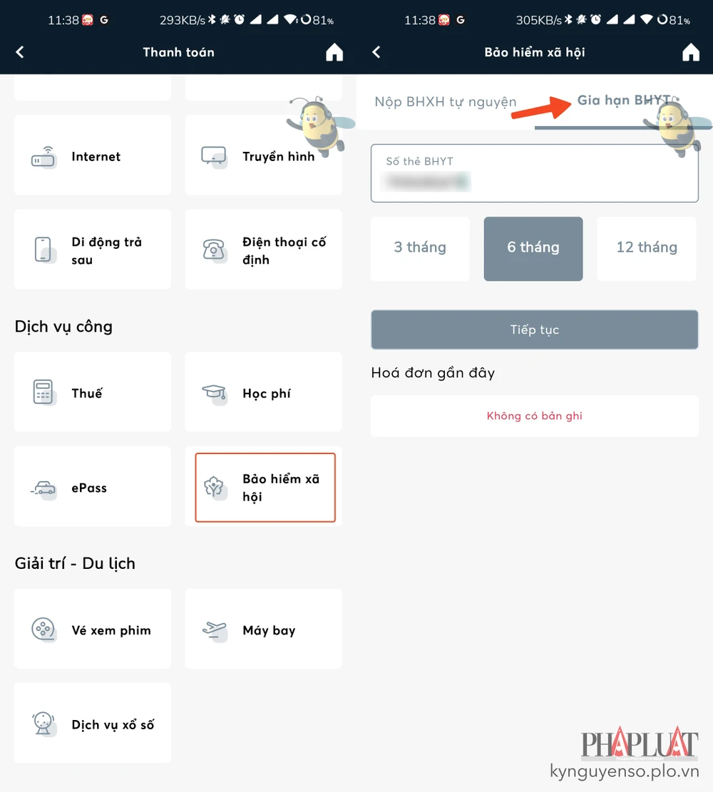 Gia hạn thẻ bảo hiểm y tế thông qua ứng dụng ngân hàng. Ảnh: MINH HOÀNG