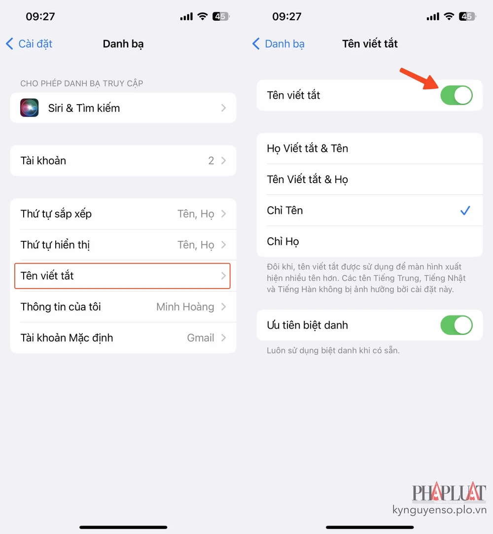 tat-tuy-chon-ten-viet-tat-tren-iphone Tắt tùy chọn tên viết tắt trong danh bạ. Ảnh: MINH HOÀNG