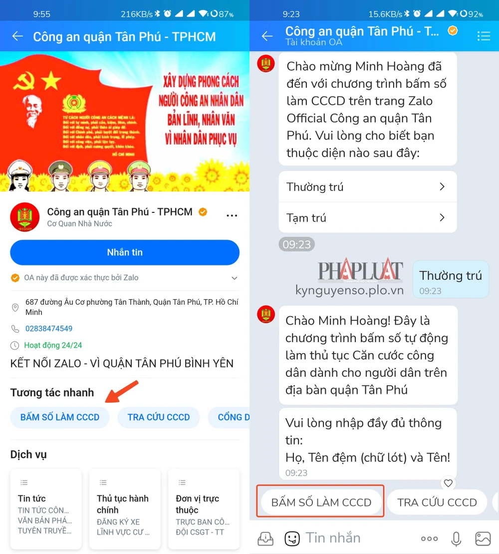 Bấm số làm căn cước công dân thông qua Zalo. Ảnh: MINH HOÀNG