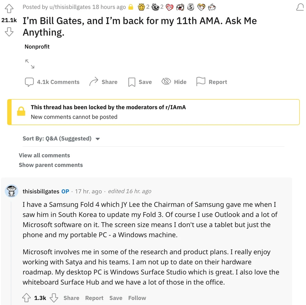 Bill Gates tiết lộ chiếc điện thoại yêu thích nhất là Z Fold4. Ảnh: TIỂU MINH