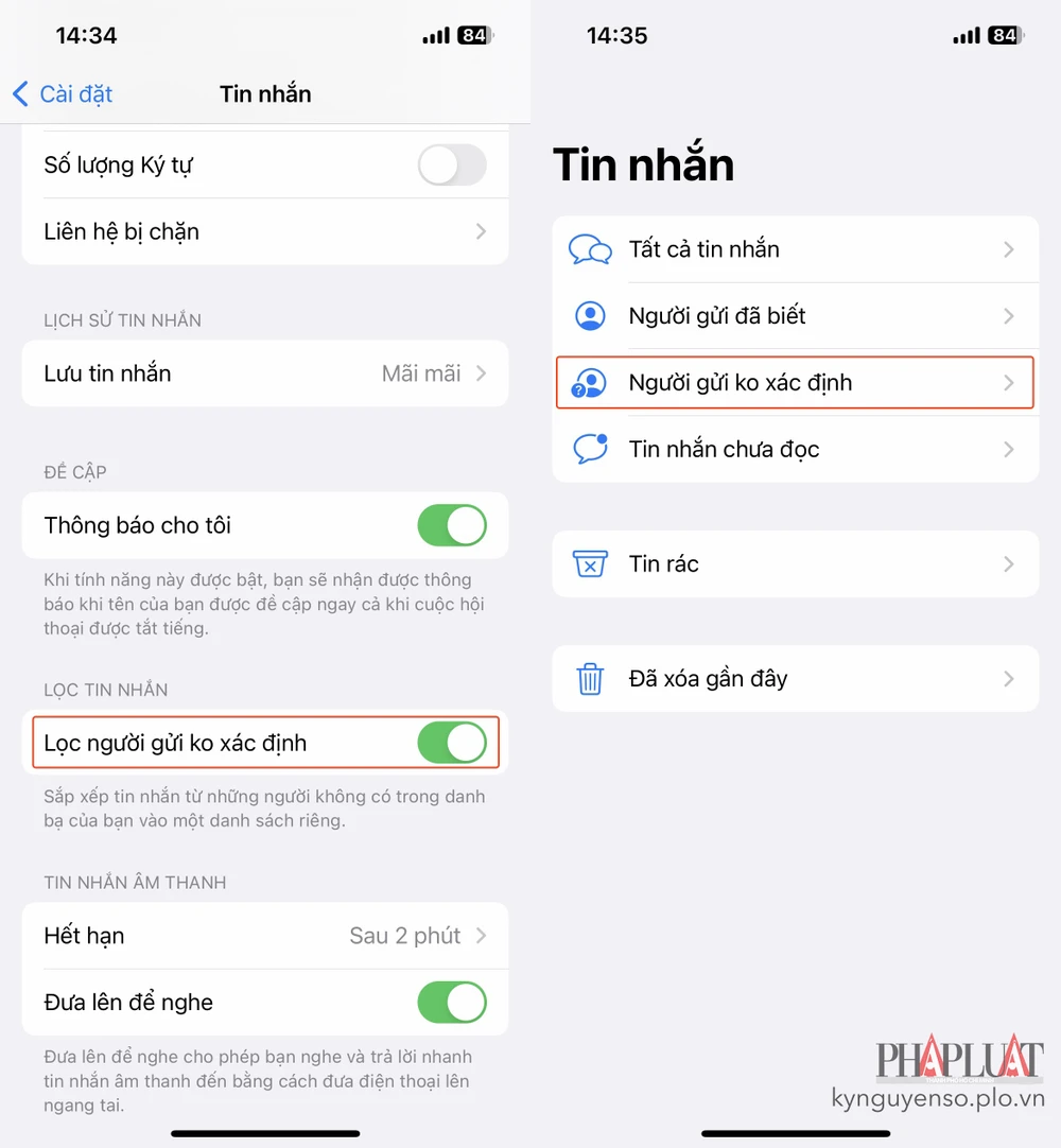 Cách lọc tin nhắn rác được gửi từ những số điện thoại không xác định. Ảnh: MINH HOÀNG
