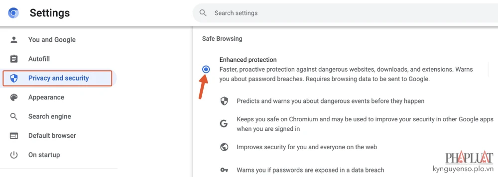 bat-tinh-nang-duyet-web-an-toan-tren-chrome Bật tính năng lướt web an toàn trên trình duyệt Chrome. Ảnh: MINH HOÀNG