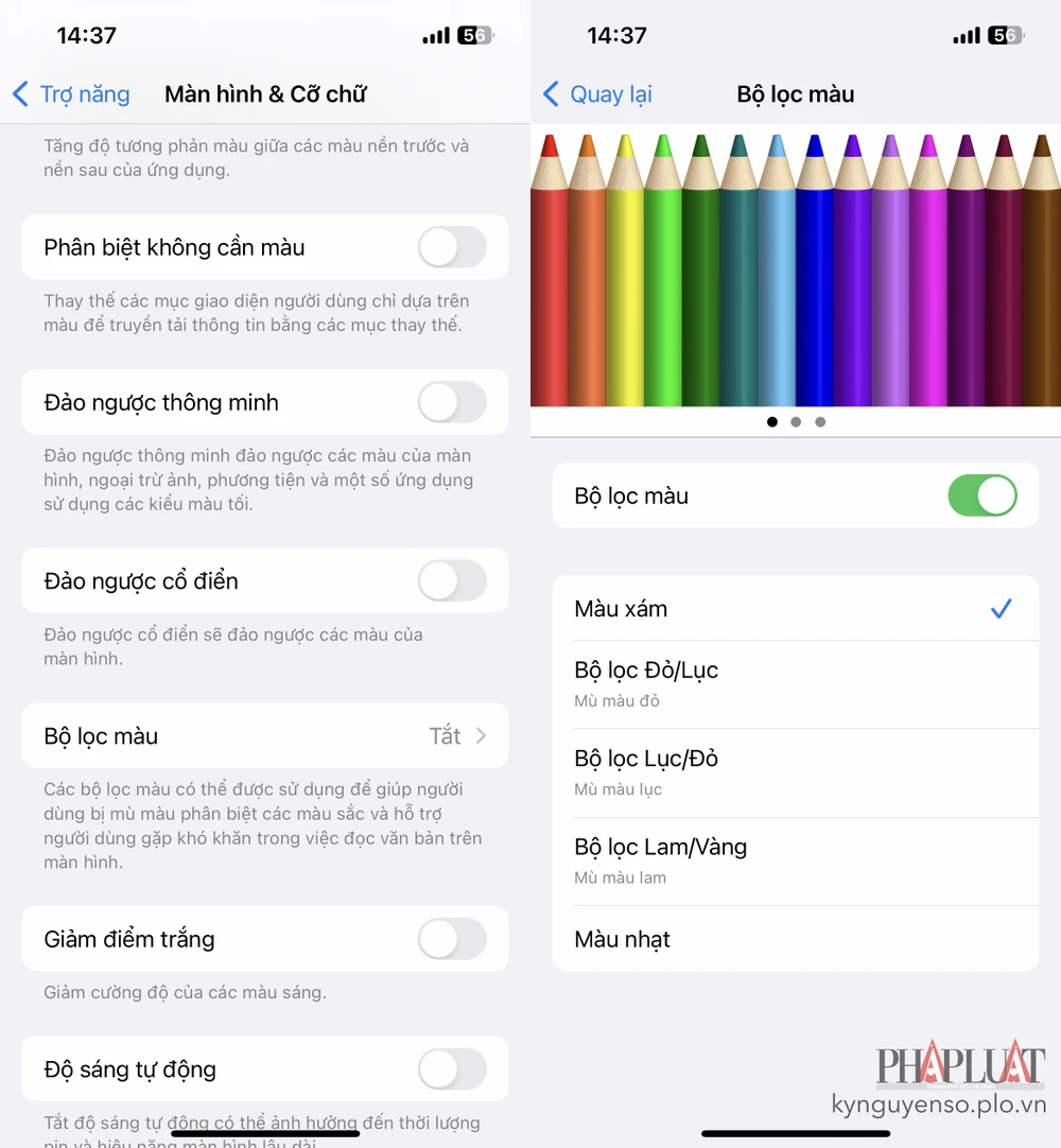 chuyen-man-hinh-iphone-sang-thang-mau-xam Chuyển màn hình iPhone sang thang màu xám. Ảnh: MINH HOÀNG