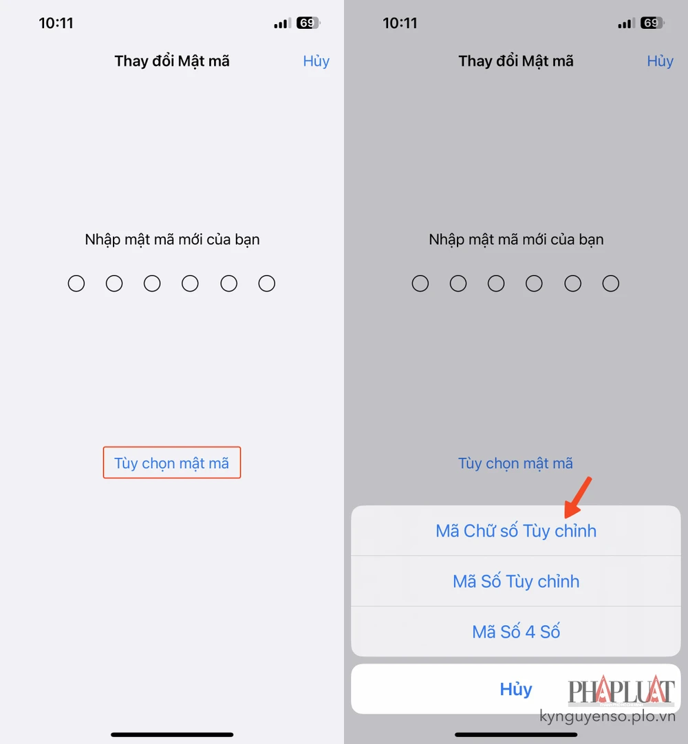 Cách đặt mật mã gồm nhiều chữ số, ký tự khác nhau trên iPhone. Ảnh: MINH HOÀNG