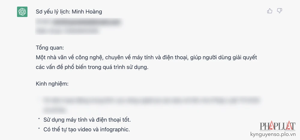 Yêu cầu ChatGPT viết sơ yếu lý lịch dựa trên các dữ liệu bạn cung cấp. Ảnh: MINH HOÀNG