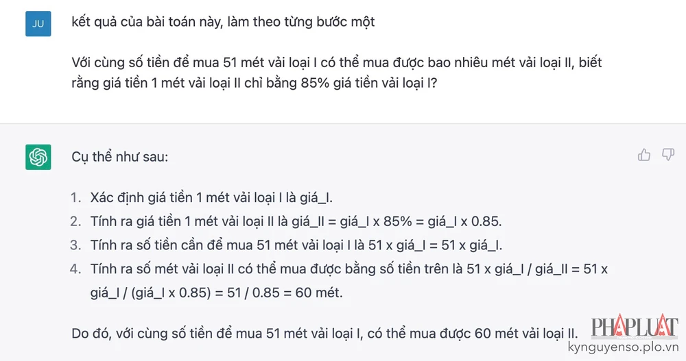 Yêu cầu ChatGPT tính kết quả của bài toán theo từng bước một, hoặc bạn cũng có thể yêu cầu kết quả ngắn gọn ngay lập tức. Ảnh: MINH HOÀNG