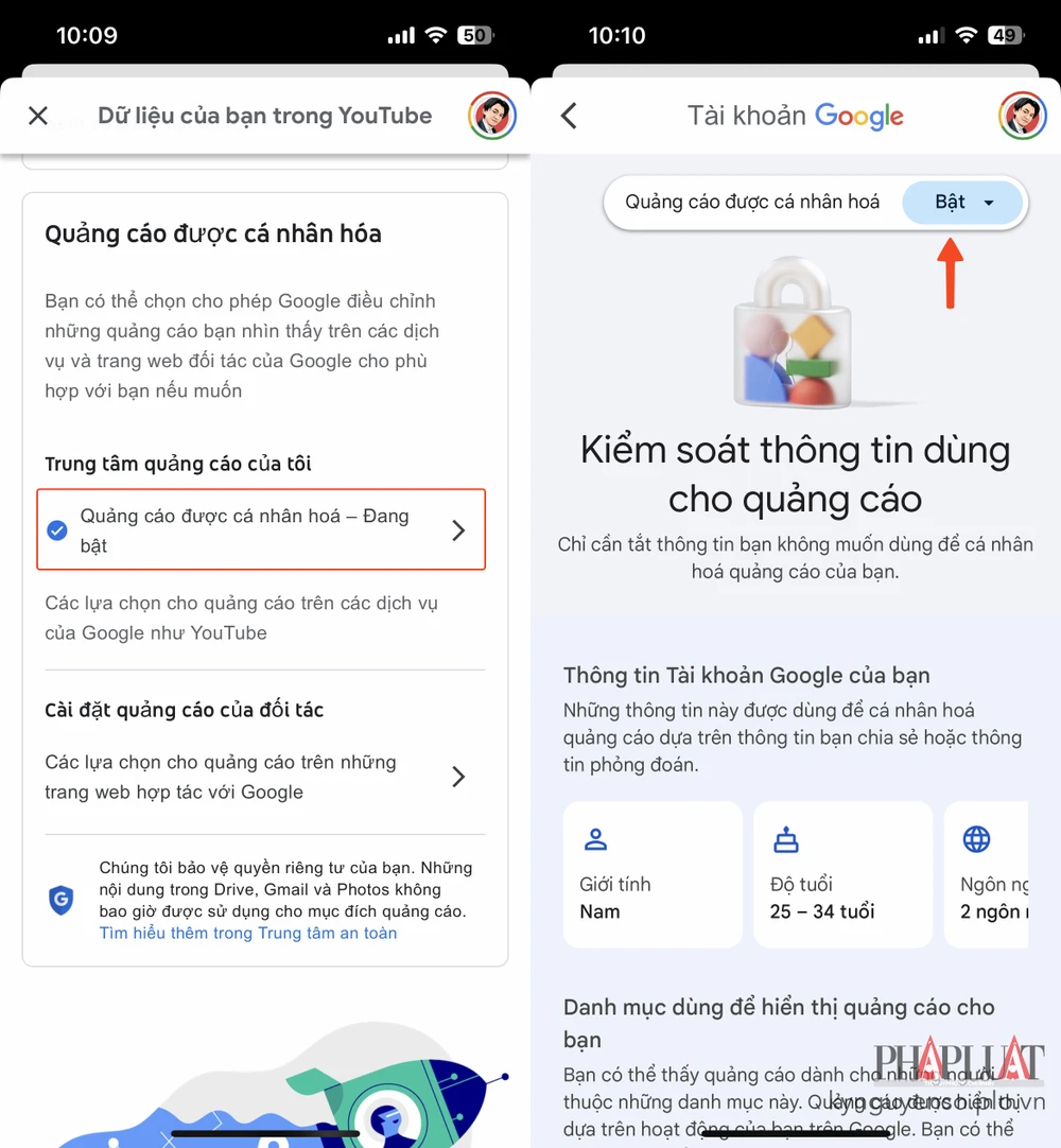 Tắt quảng cáo cá nhân hóa trên YouTube. Ảnh: MINH HOÀNG