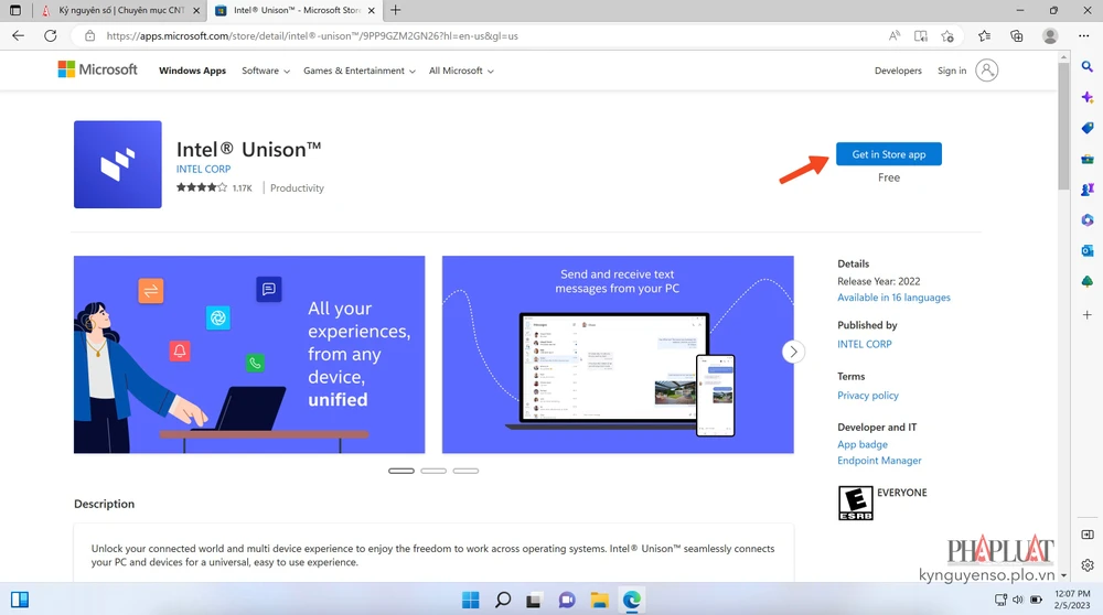 Cài đặt ứng dụng Intel Unison cho máy tính. Ảnh: MINH HOÀNG