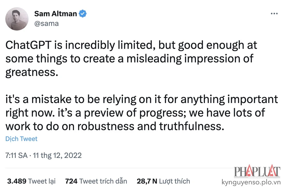 “Cha đẻ” ChatGPT cho biết nội dung tạo ra chỉ là bản xem trước, cần phải kiểm tra lại. Ảnh: TIỂU MINH
