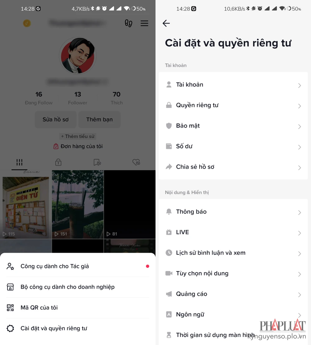 cai-dat-tai-khoan-tiktok Cài đặt tài khoản TikTok để hạn chế bị thu thập dữ liệu. Ảnh: TIỂU MINH