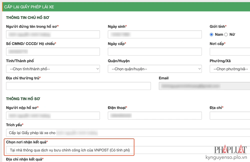 Điền thông tin cá nhân và yêu cầu gửi giấy phép lái xe mới về tận nhà. Ảnh: MINH HOÀNG