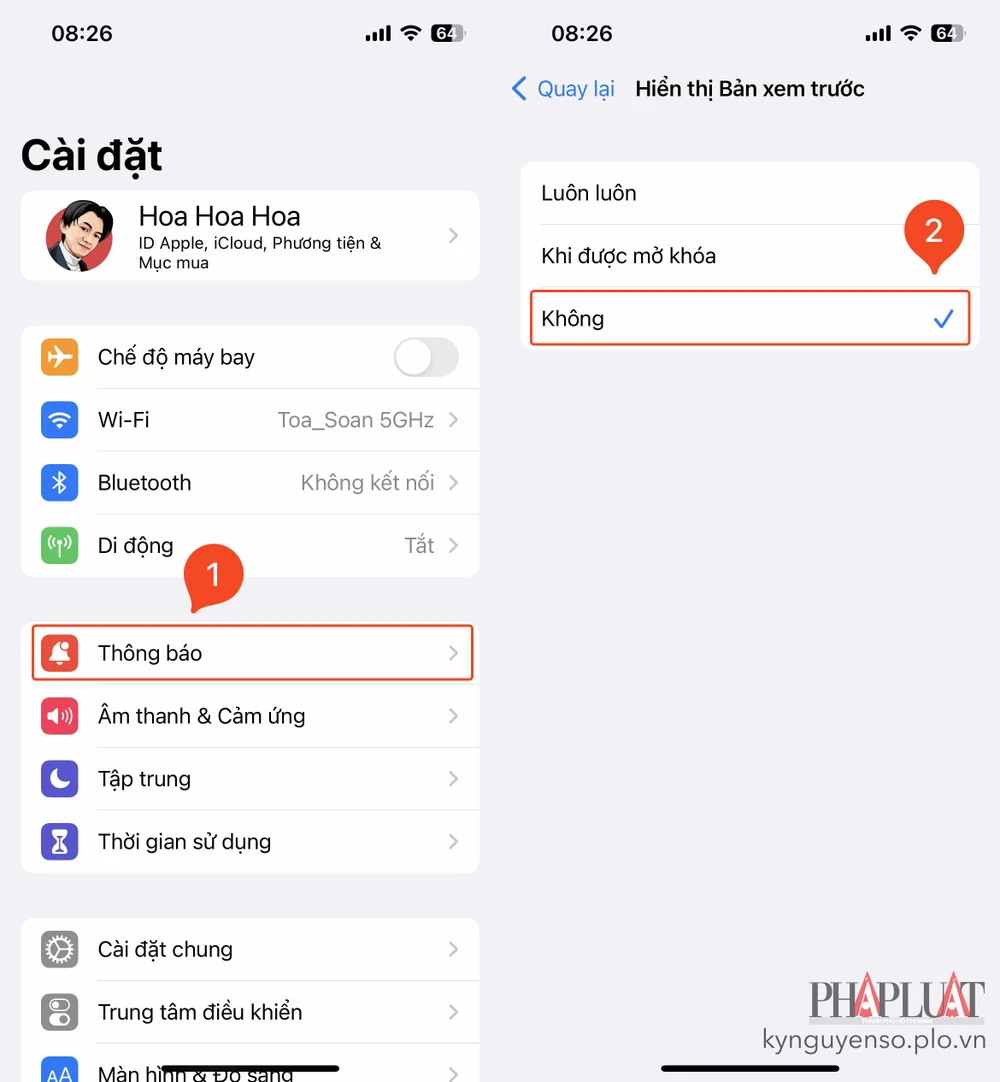 Cách tắt hiển thị nội dung xem trước trên màn hình khóa. Ảnh: MINH HOÀNG