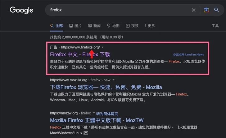 Trang web giả mạo được mua quảng cáo để xuất hiện trên đầu. Ảnh: landiannews