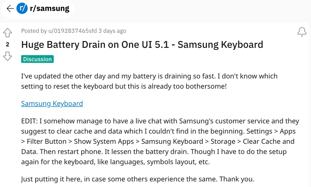 Người dùng than phiền về việc hao pin sau khi cập nhật One UI 5.1. Ảnh: TIỂU MINH