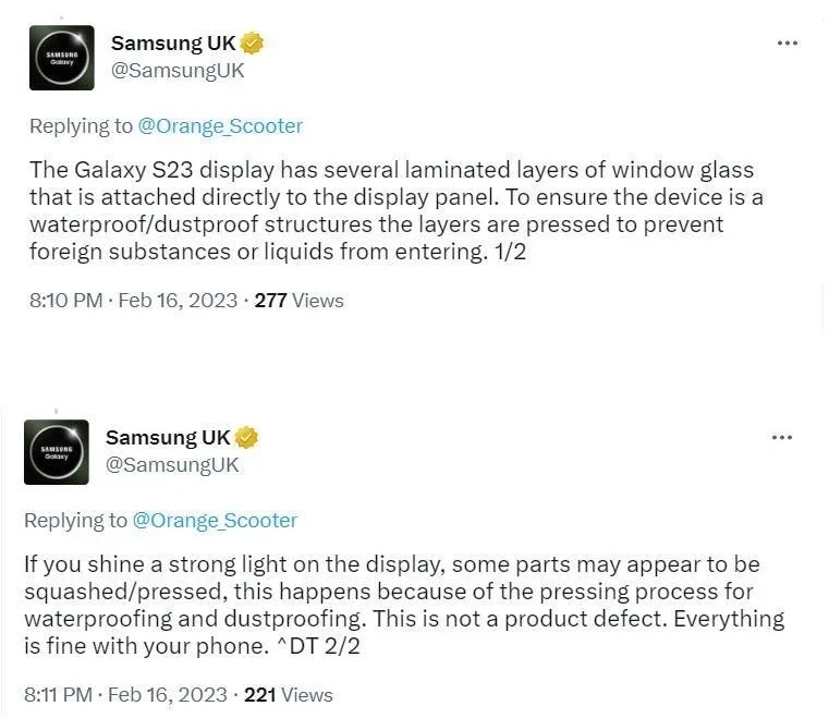 Samsung UK trả lời về lỗi màn hình S23 Ultra biến dạng. 