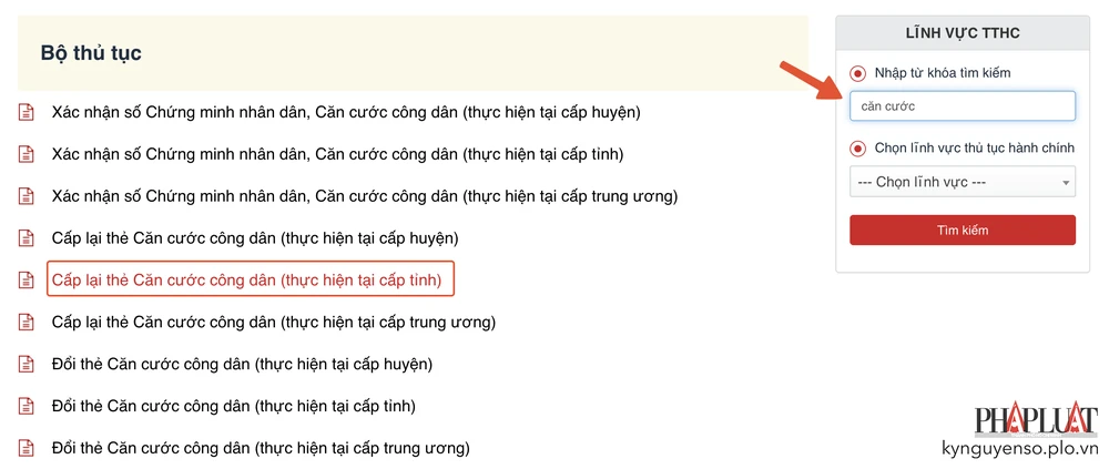 Chọn dịch vụ cấp lại thẻ căn cước công dân (thực hiện tại cấp tỉnh/huyện). Ảnh: MINH HOÀNG