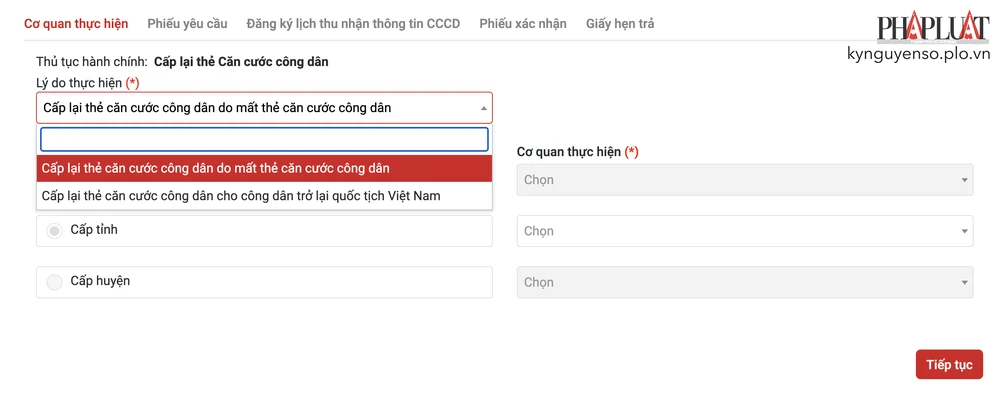 Chọn lý do cấp lại căn cước công dân. Ảnh: MINH HOÀNG