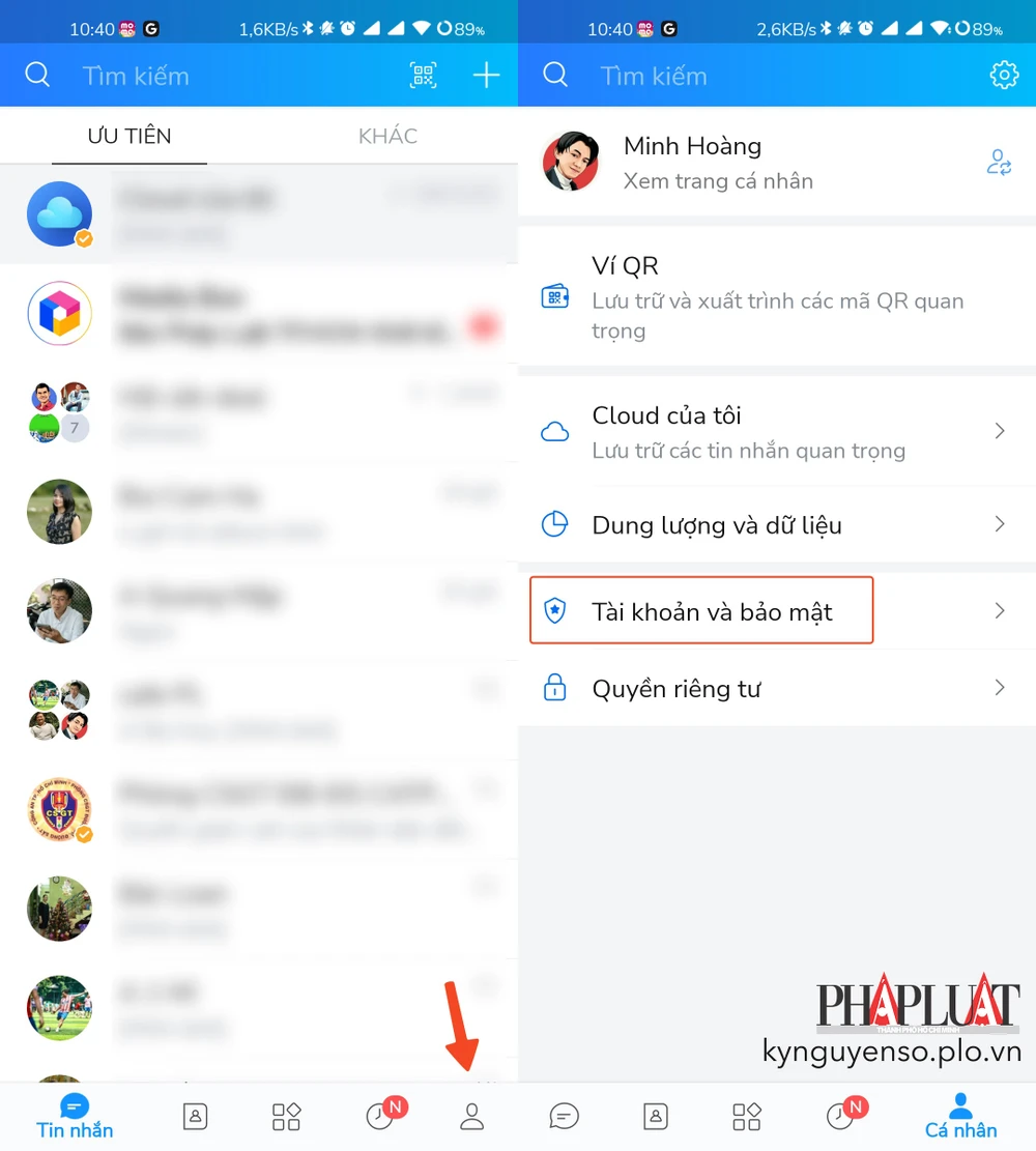 Truy cập vào phần cài đặt tài khoản và bảo mật trên Zalo. Ảnh: MINH HOÀNG