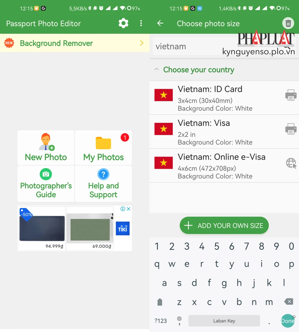 Chọn kích thước ảnh tương ứng với loại giấy tờ cần đăng ký. Ảnh: TIỂU MINH