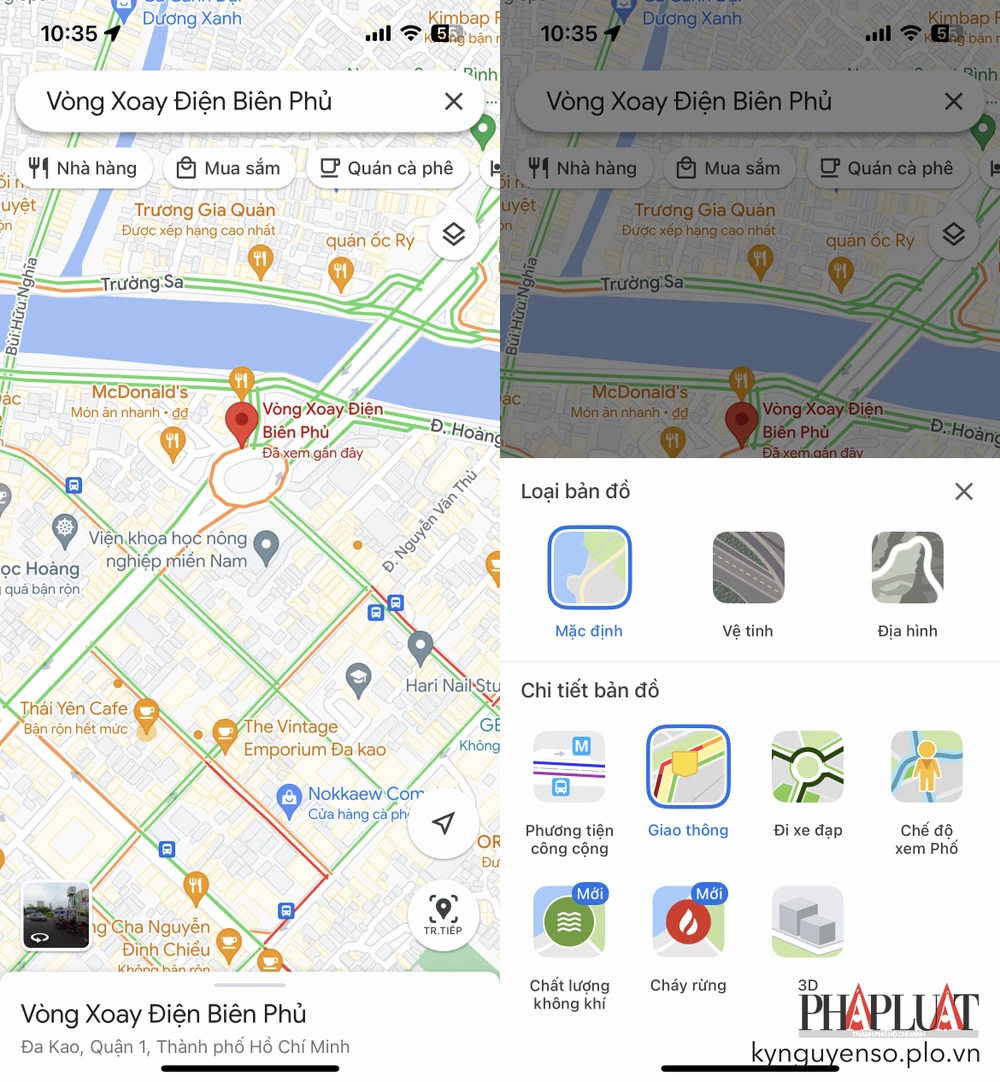 Google Maps hiển thị tình trạng giao thông theo thời gian thực tại khu vực vòng xoay Điện Biên Phủ. Ảnh: MINH HOÀNG