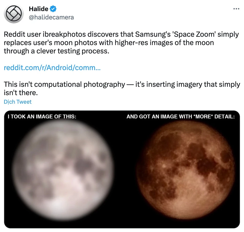 Ảnh chụp mặt trăng từ màn hình máy tính xuất hiện nhiều chi tiết lạ. Ảnh: Halide