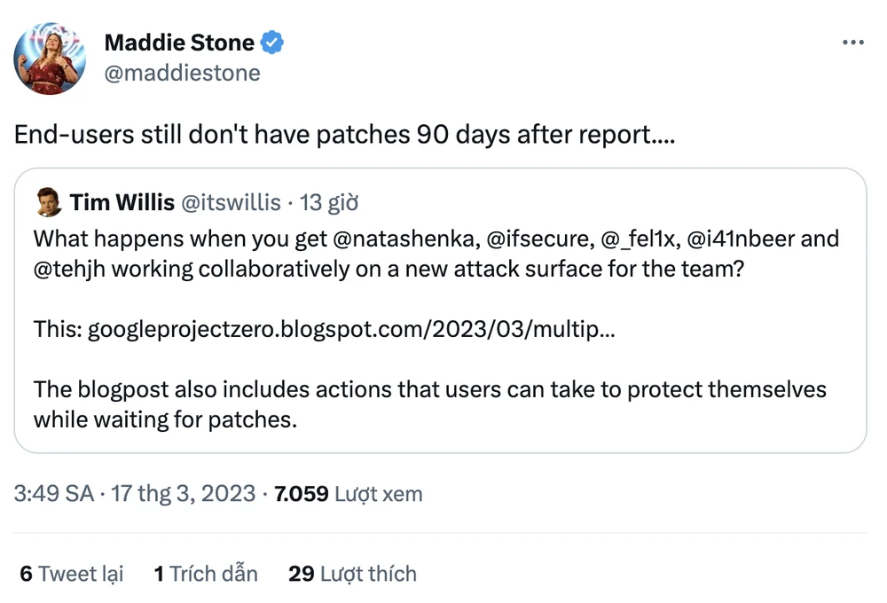 Sau 90 ngày nhận được báo cáo về lỗ hổng, người dùng điện thoại vẫn chưa nhận được bản vá. Ảnh: TIỂU MINH