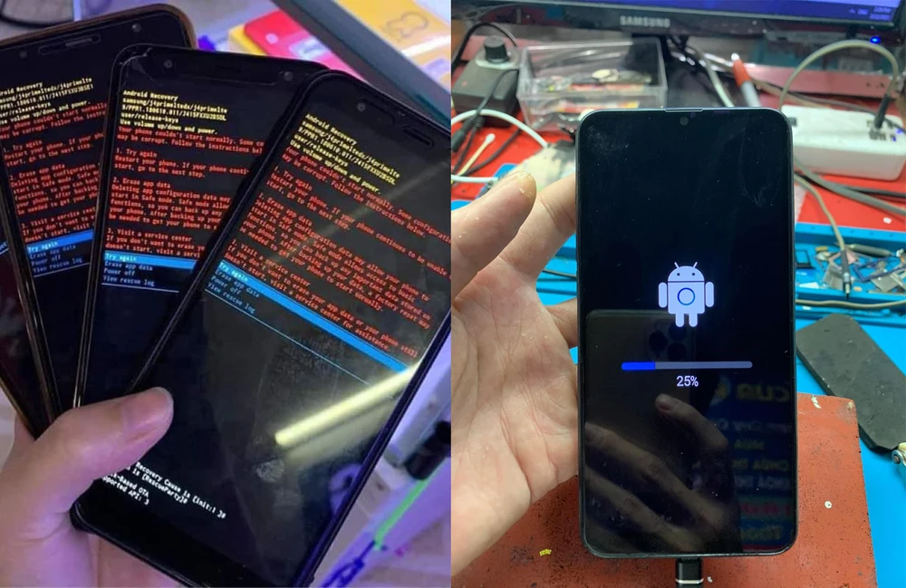 Nhiều mẫu điện thoại Samsung bị treo tại màn hình recovery. Ảnh: TIỂU MINH