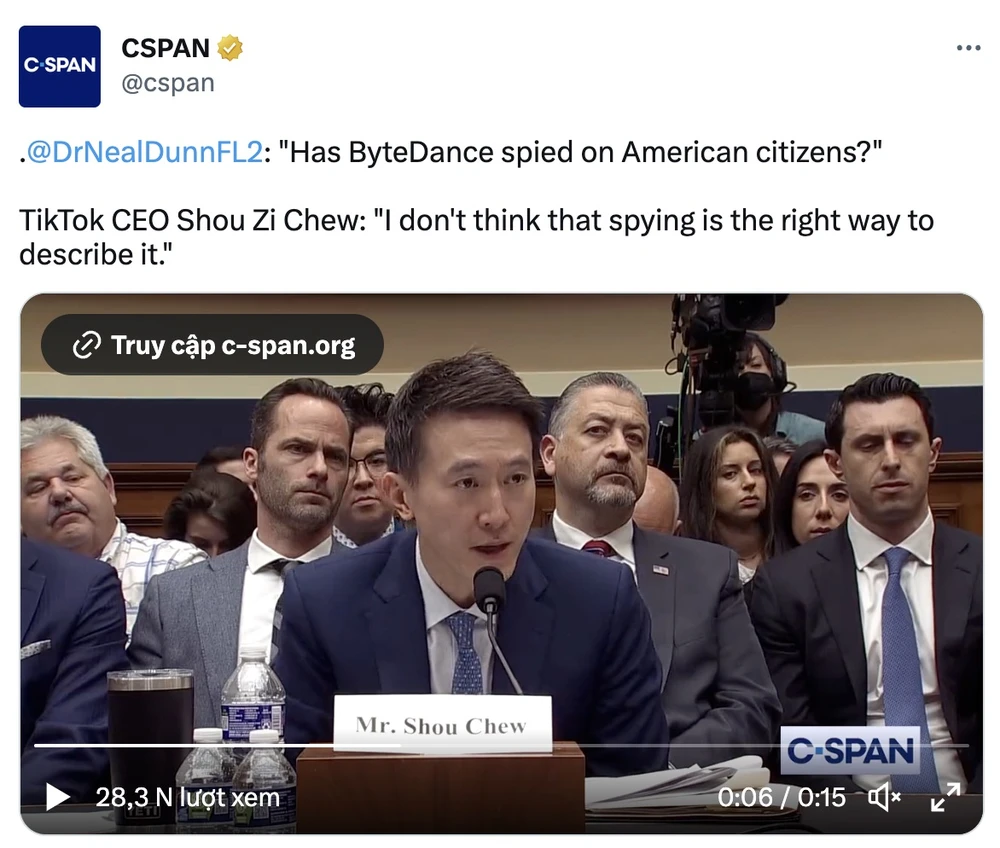 CEO TikTok nói gì về cáo buộc gián điệp?. Ảnh: CSPAN