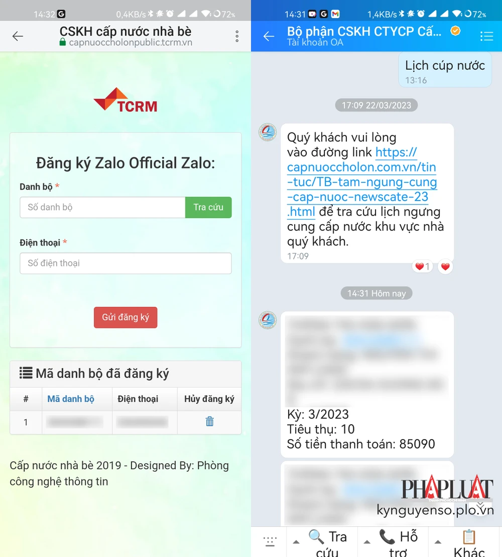 Nhận thông báo lịch cúp nước bằng Zalo. Ảnh: MINH HOÀNG