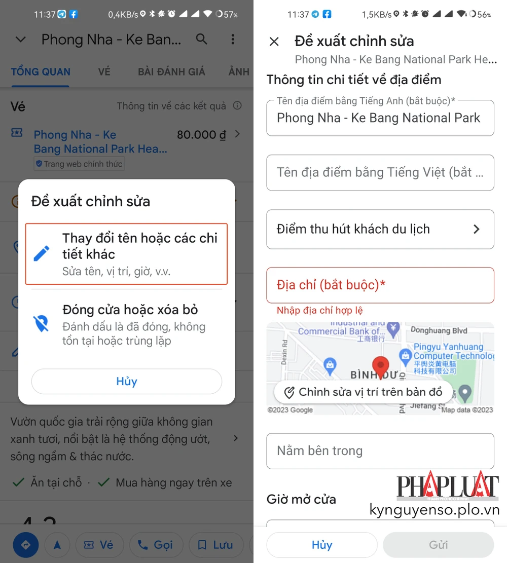 Sửa thông tin địa điểm và báo cáo cho Google. Ảnh: TIỂU MINH