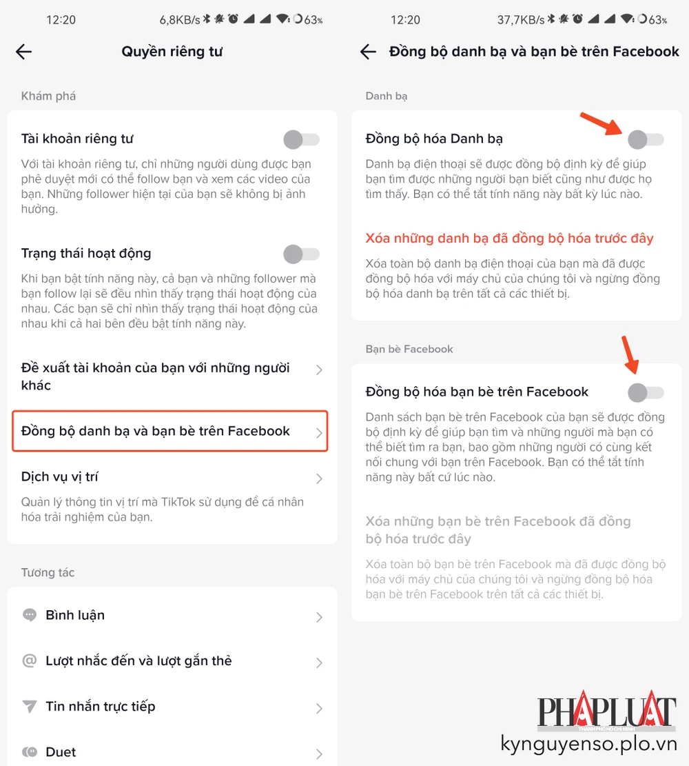 Tắt tính năng đồng bộ hóa danh bạ và đề xuất tài khoản của bạn với những người khác. Ảnh: TIỂU MINH
