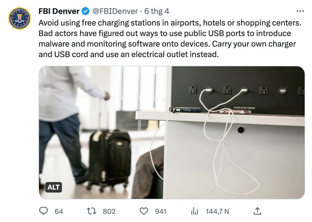 FBI cảnh báo không nên sử dụng trạm sạc công cộng. Ảnh chụp màn hình