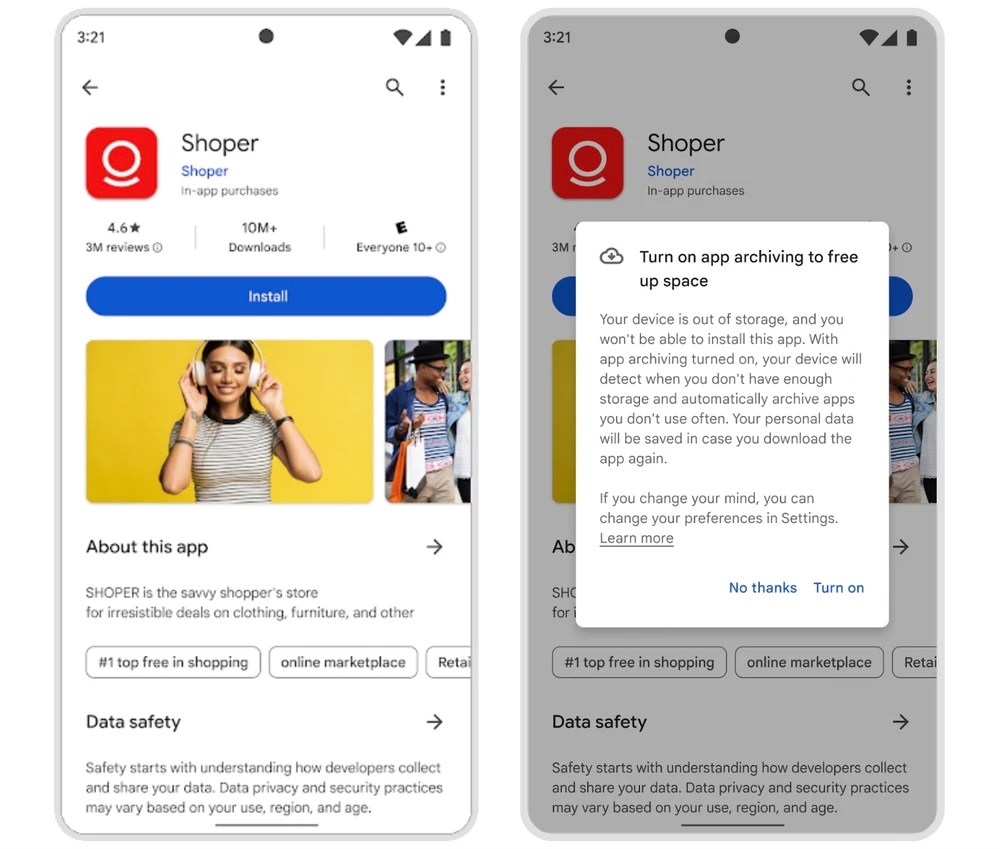 Tính năng tự động lưu trữ ứng dụng của Google. Ảnh: Google