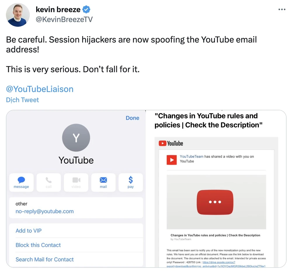 Giả mạo email YouTube yêu cầu người dùng tải về tệp tin đính kèm. Ảnh: TIỂU MINH