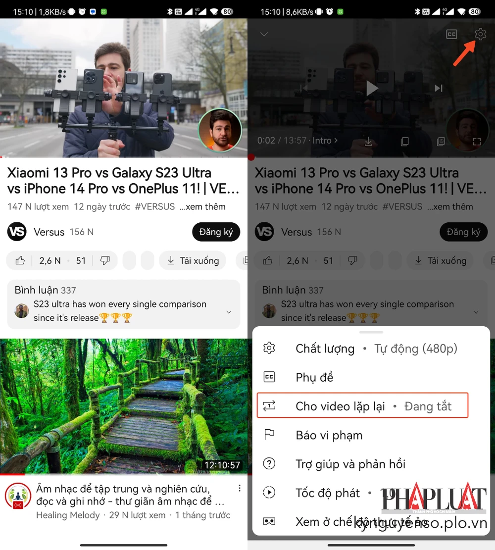 Bật tính năng Loop (lặp lại) trên YouTube điện thoại. Ảnh: TIỂU MINH