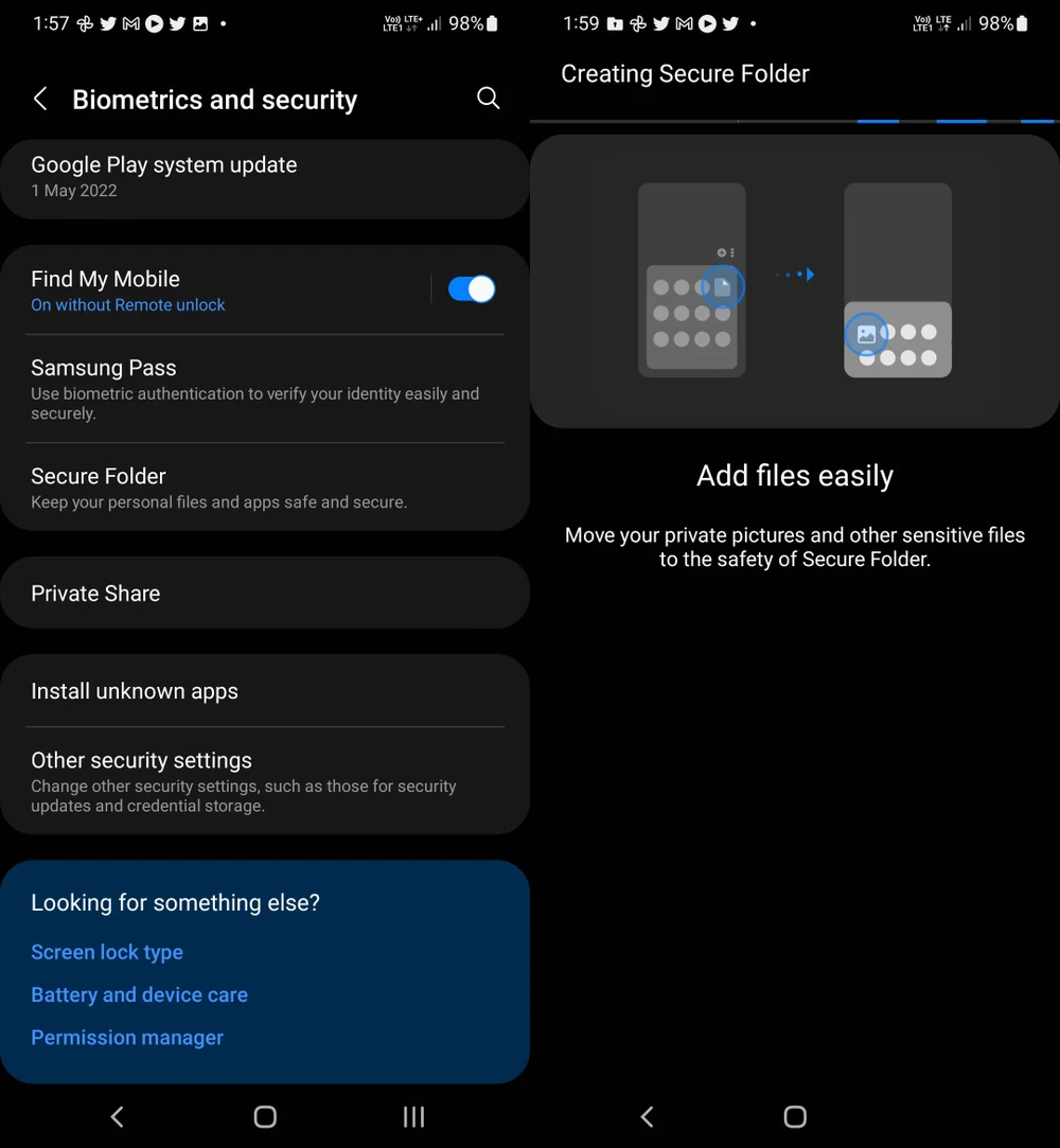 kích hoạt tính năng secure folder