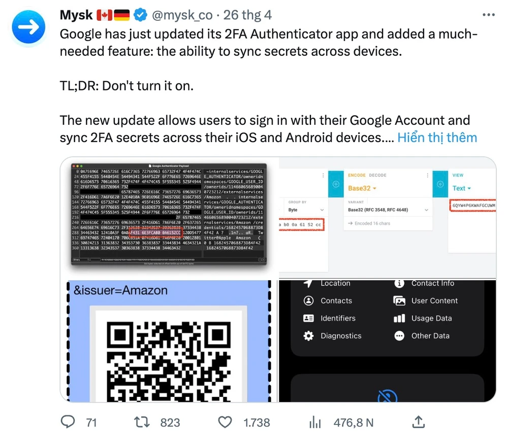 mysk-khuyen-cao-khong-nen-dong-bo-hoa-google-authenticator Mysk khuyến cáo người dùng không nên bật tính năng đồng bộ hóa trên Google Authenticator. Ảnh: TIỂU MINH