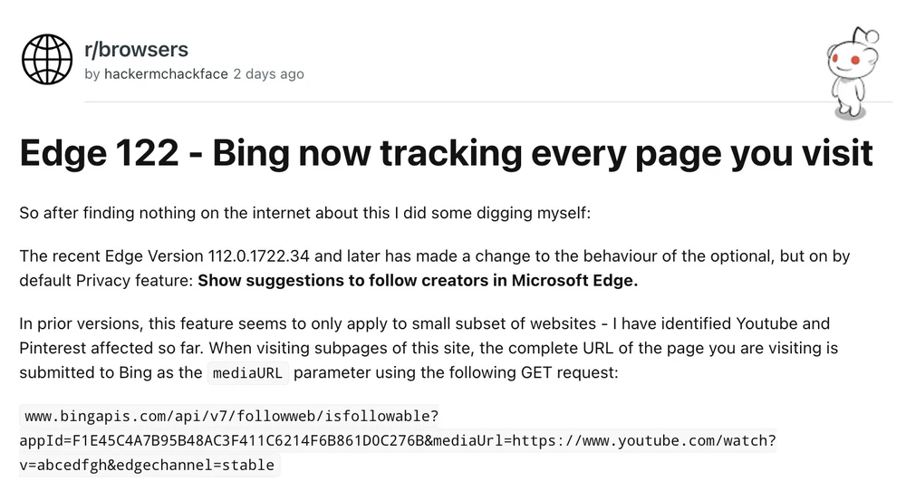 edge gửi dữ liệu người dùng đến bing
